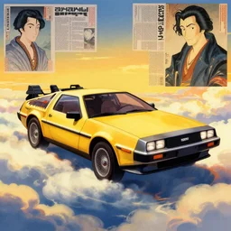 a yellow delorean in the clouds, golden hour, colourful art by salvador dali, hsiao - ron cheng & utagawa kunisada, magazine collage, anime style,