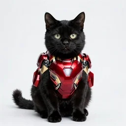 a black cat wearing an iron man suit, high quality photograph, 4k, studio quality lighting