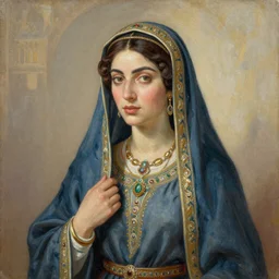a gouache painting of a 14th century veiled Arab woman