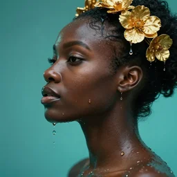 hyperrealistic precisionist cinematic profile very expressive! black oshun goddess, in water! up to shoulders, mirror dripping droplet!, gold flowers, highly detailed face, digital art masterpiece, smooth eric zener cam de leon, dramatic pearlescent turquoise light on one side, low angle uhd 8 k, shallow depth of field