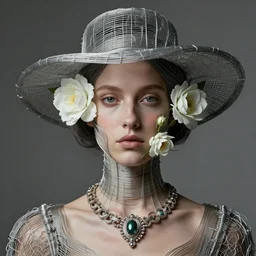seed 1 7 4 7 0 9 7 4 8 2 a beautiful futuristic portrait with hat made by wires and white flowers twisted around her face, necklace made by wires, design by leonardo davinci, inspired by egon schiele, modern art, baroque art jewelry, new classic, hyper realistic, cinematic composition, cinematic lighting, fashion design, concept art, hdri, 4 k