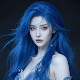 a beautiful woman gheisa, 8 k, hyperrealistic, asian hyperdetailed, beautiful face, long blue hair windy, dark fantasy, white skin porcelain, fantasy portrait by laura sava