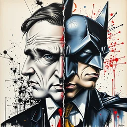 bilateral half split portrait, saul goodman, batman, splatter paint
