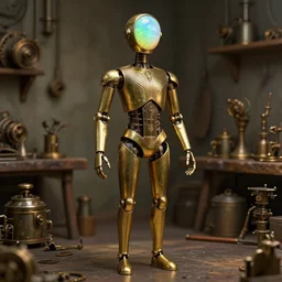 humanoid brass automaton in art deco style with a round polished opal instead of a head, full body, workshop background, steampunk style, sean andrew murray style, concept art, artstation trending, high detail, warm light