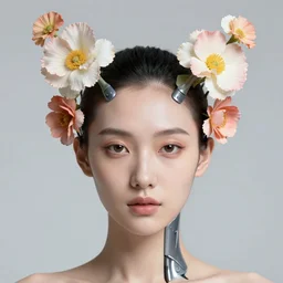 female photorealistic cyborg face with flower antennas