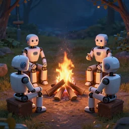3 artistic robots sitting around a campfire, robots, campfire, chill, campfire song, robots, sitting in a circle