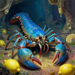A psychedelic This portrait of monster looks like a sea scorpion and a lemon. It has a blue colored body, canons and a stinger. It can be found in caves and is very loyal to it's owner., vibrant color scheme, highly detailed, in the style of romanticism, cinematic, artstation, Moebius, Greg rutkowski