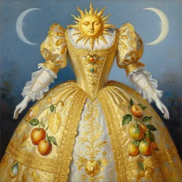 a rococo painting a costume with golden arabesques with fruits, the sun and the moon, highly detailed, oil on canvas, vivid
