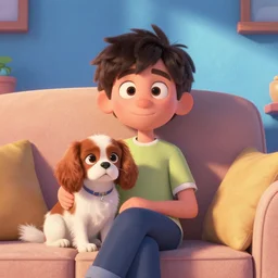 portrait of a cute person on a sofa with a cavalier king charles spaniel dog, relaxed, blue-walls, sunshine, pixar, loish, artgerm