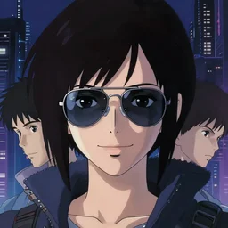 a film still of a japanese cyberpunk girl with a smirk, finely detailed features, aviators, closeup at the faces, dramatic cinematic, at cyberpunk city, ghost in the shell, trending on pixiv fanbox, painted by greg rutkowski makoto shinkai takashi takeuchi craig mullins, alphonse mucha, studio ghibli, pixiv