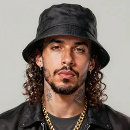 ultra realistic illustration, rapper bad bunny music artist with curly hair and bucket hat, highly detailed, digital painting, concept art, smooth, sharp focus, illustration