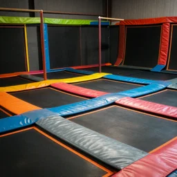 empty colorful trampoline park with black trampolines and colorful padding on trampolines, realistic, nostalgic, detailed.