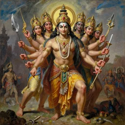 Demigod Ravana withu 10 heads in an epic dramatic scene from Ramayan , by Bruce Pennington, by Wayne Barlowe, by Greg Rutkowski, oil on canvas, masterpiece, detailed, dynamic, cinematic composition, beautiful lighting, view from ground, trending on artstation, top on pixiv, 8K, no frames,