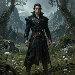 A fantasy comic book roleplaying game style portrait painting of Christian Bale as a eerie dark elf in a mountain meadow sanctuary, DAZ, hyperrealistic, ambient light, dynamic light
