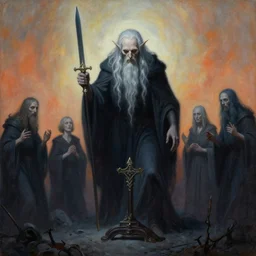painting of elder lich holding a ceremonial dagger, sacrifical ritual, symbolism, by zdzislaw beksinski, by dariusz zawadzki, by john jude palencar, by micheal whelan, gothic, surrealism, cosmic horror, lovecraftian, cold hue's, warm tone gradient background, concept art, beautiful composition