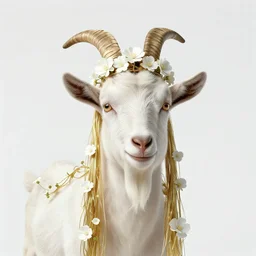 hyperrealist portrait of a 2 0 4 4 space sport goat, it is decorated with long gold wires and white flowers that fall like vines and wears a huge computer crown. by jeremy mann and alphonse mucha, fantasy art, photo realistic, dynamic lighting, artstation, poster, volumetric lighting, dramatic light, very detailed faces, 8 k, award winning