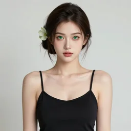 sexy girl with green eyes, flower in her hair, wearing a camisole, black and brown colors, in the style of ilya kuvshinov, high quality anime artstyle, intricate