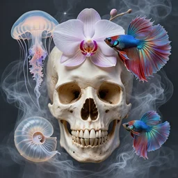 symmetry!! close - up portrait of the human skull mixed with jellyfish phoenix bird giant orchid flower and giant gladiola betta fish. midsommar style, intricate, elegant, surrounded by smoke and water energy flow. translucent nautilus, highly detailed, by wlop, tooth wu, greg rutkowski, alena aenami