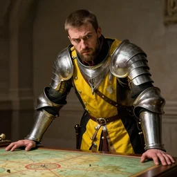 Frustrated and acerbic male Imperial sergeant with a short beard wearing a {black and yellow tabard} over a steel breastplate and a black gambeson leaning over a table, by Raymond Swanland Greg Rutkowski Lise Deharm, {perfect face}, {perfect eyes}, {perfect body}, {hands planted on war table while standing}, fantasy