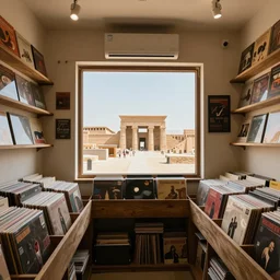 Interior of a record store with a window that gives a view of Ancient Mesopotamia, 4K, iPhone picture