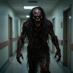 a scary and grotesque monster lurking in a hospital hallway. grotesque. scary. dark. low lighting.