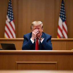 Donald Trump crying in a courtroom, XF IQ4, f/1.4, ISO 200, 1/160s, 8K, RAW, unedited, symmetrical balance, in-frame