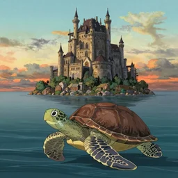an island with a giant castle on top of a giant turtle in the ocean, sunset, art by hayao miyazaki, studio ghibli film, hi res, 4k, high detail