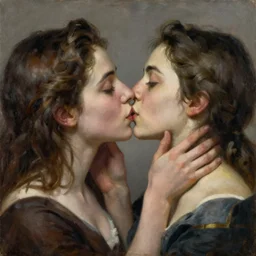 two women kissing, oil on canvas, highly detailed, photo realistic