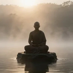 the silhouette of a meditating monk sitting in the fog on a stone protruding from the water in the rays of the morning sun, hyper detailed.