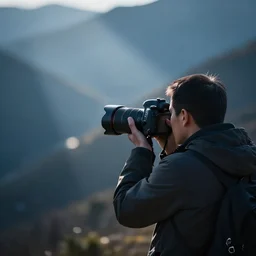 a photographer taking a picture. bokeh. sharp. background blur. vignette. bluish tones. crepuscular rays. haze. dslr photo