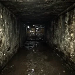 low quality flash photograph of inside of a dark and wet basement, liminal space, creepy dark lighting