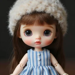cute doll girl big eyed with blue striped dress and fuzzy hat by jean - baptiste monge