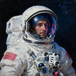 a neoclassicist paint of renaissance ussr space cosmonaut, reflections of nebula in helmet. deep blue and pink tones, gloomy dark black background. highly detailed fantasy science fiction portrait painting by mikhail vrubel and chris cunningham. rich colors, high contrast.