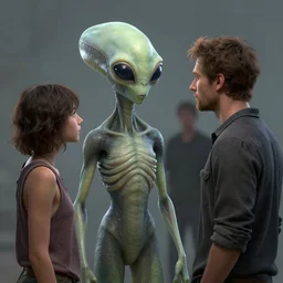 a single alien meets a human by paul gustave fischer, kent monkman, chiharu shiota, joseph ducreux, artstation, volumetric light, high detail, perfect, concept art, 8 k, realistic