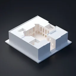 architectural model, isometric view, 3 d render, studio lighting, low contrast, brightly lit studio, highly detailed, a long thick building with diagonally zig - zag plan and large windows, tree