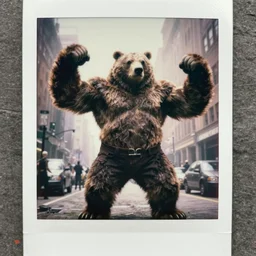 very realistic! epic pose!!!  bulky oversized anthropomorphic grizzly bearpowerlifter giant flexing muscle whole furry body shorts pants  ,in busy city , full body , Cinematic focus, Polaroid photo, vintage , neutral dull colors, soft lights, foggy mist ,  by oleg oprisco , by national archives,  by discovery channel, by victor enrich , by gregory crewdson