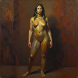detailed full body portrait in strong femininity, ethnic, realistic face sculpted features, statuesque model, seattle grunge style clothes, warm glow, bathed in light, filmic, chiaroscuro, specular highlights, angular impressionism, radiosity, deep rich tones, contemporary art, oil on canvas