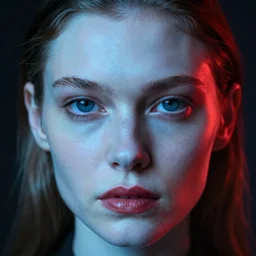 close up portrait of a pale woman, photograph, blue and red studio light, sharp, detailed face, gaze, editorial model, annie leibovitz, steve mccurry, 1 0 5 mm, at the restaurant at the end of the universe, 8 k