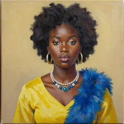 portrait of black female with afro wearing yellow top with blue fur and necklace, oil and acrylic painting on canvas