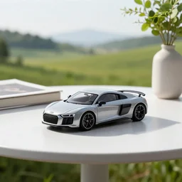 a small miniature of a Audi R8 on a white table near a book and a vase with a plant, 3d render, unreal engine 5, octane render, 4k, low contrast, path tracing, serene landscape, calm, relaxing, beautiful landscape, highly detailed, high quality, product photo, hyperrealistic, concept art, symmetrical