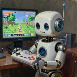 an elaborate little robot holding a retro game controller in its hand, on screen video game shown in background, intricate details, hyperrealistic oil painting on canvas, deep depth field, hd, hdr, 4 k, 8 k, by gerardo dottori and simon stalenhag, oil on canvas