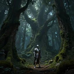 beautiful majestic artstation cinematic matte painting of a knight in a dark magical forest with giant mossy trees