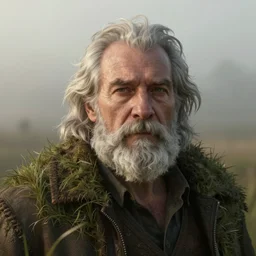a portrait of a hairy grassy eldery man, foggy, artstation, octane render, unreal engine, digital art.