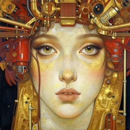 modern maximalost painter, night, gold and red and white, 4 k, ultra realistic, beautiful eyes, epic lighting, machines, high detail, masterpiece, trending on artstation by artgerm and akihito tsukushi and alphonse mucha, crayons