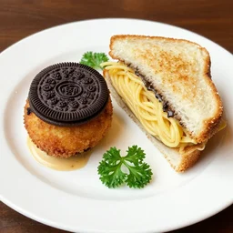 a deep fried oreo and spaghetti sandwich cut in half on a white plate with a parsley garnish, fancy restaurant photo
