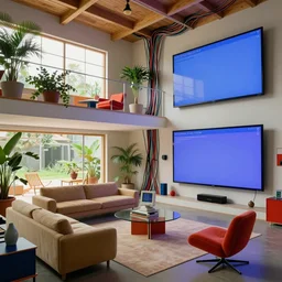 interior of a loft, living room with split levels, mezzanine, plants and patio, 1970 furniture, bauhaus, concept art by syd mead. a dystopian computer with too many cables in a corner, giant screens