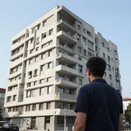 a man looks out towards a brutalist building by Inceoglu, Ismail