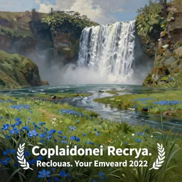 a fantasy meadow landscape with waterfall, lake, river, and patches of blue flower, digital art, painterly, oil painting, matte