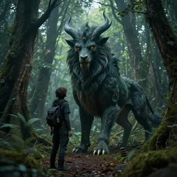 an encounter with a mythical beast in an enchanted wood. in the style of Riven and Myst