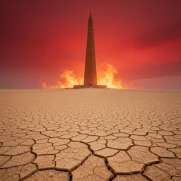 very dry ground, desert, cracked, big tower in the background, red sky, fire in the background, award - winning, ethereal, dreamy, realistic